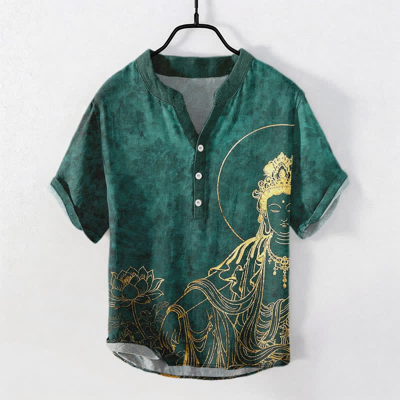 Nimara Ritual Cotton Golden Buddha Lotus Pattern Men's Short Sleeve Half Button Shirt