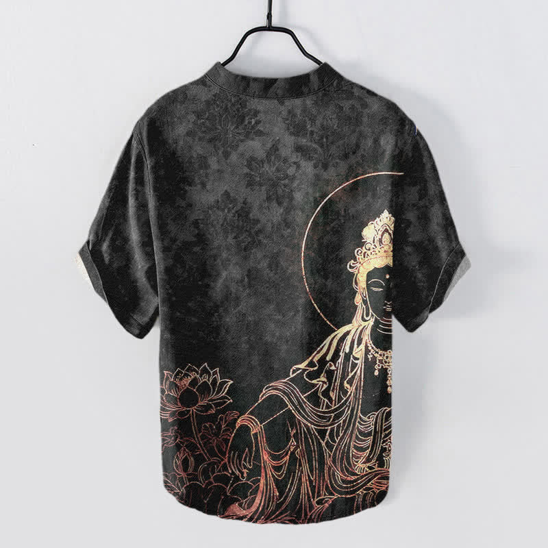 Nimara Ritual Cotton Golden Buddha Lotus Pattern Men's Short Sleeve Half Button Shirt