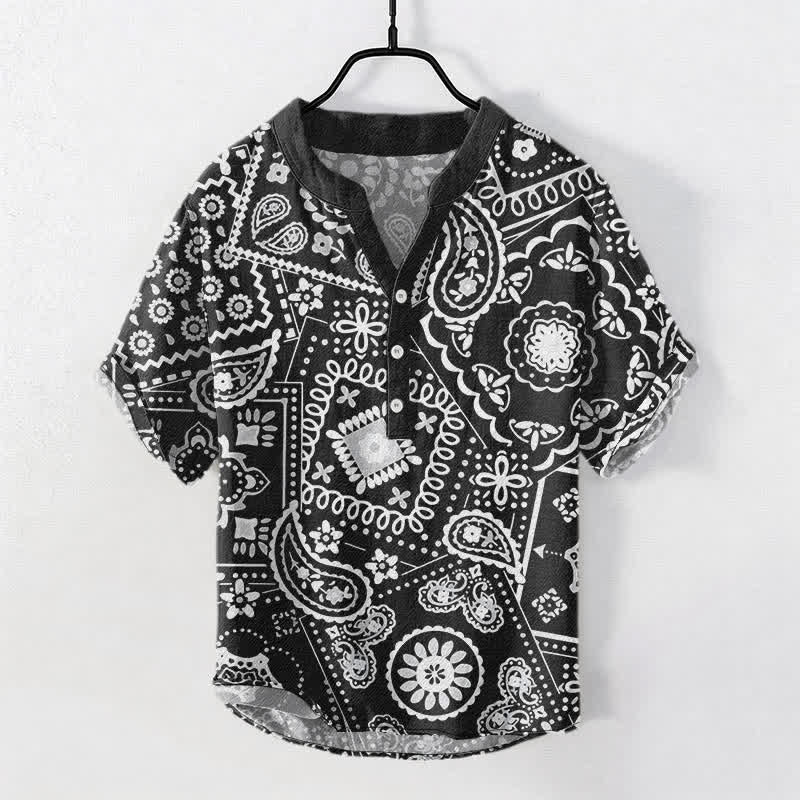 Nimara Ritual Cotton Classic White Paisley Pattern Men's Short Sleeve Half Button Shirt