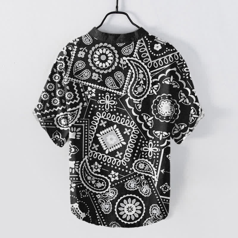 Nimara Ritual Cotton Classic White Paisley Pattern Men's Short Sleeve Half Button Shirt