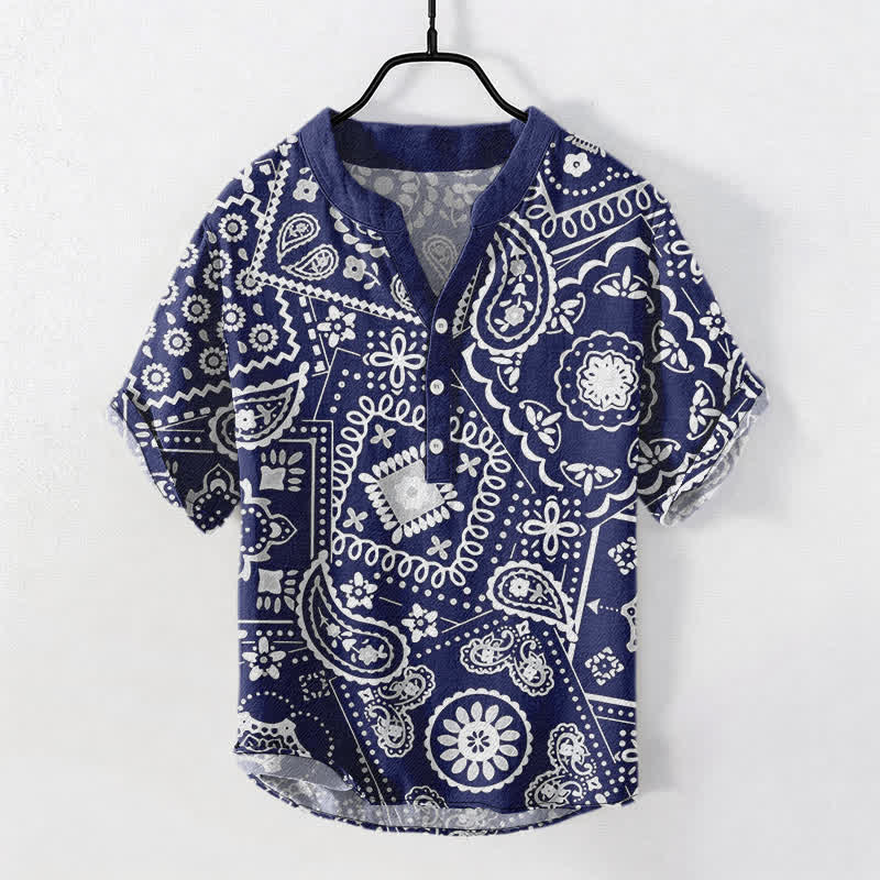 Nimara Ritual Cotton Classic White Paisley Pattern Men's Short Sleeve Half Button Shirt