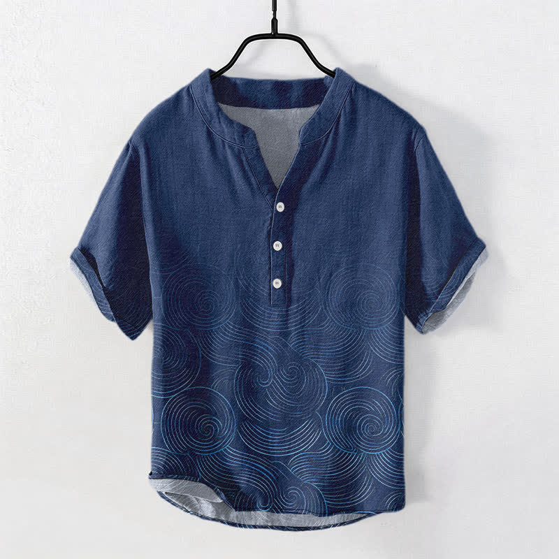 Nimara Ritual Cotton Concentric Ripple Pattern Men's Short Sleeve Half Button Shirt