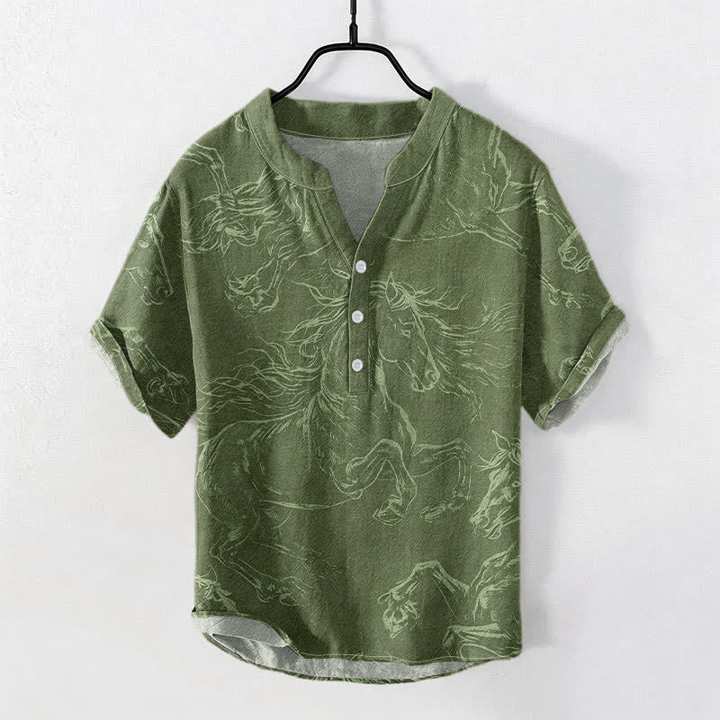 Nimara Ritual Cotton Running Horse Line Pattern Men's Short Sleeve Half Button Shirt