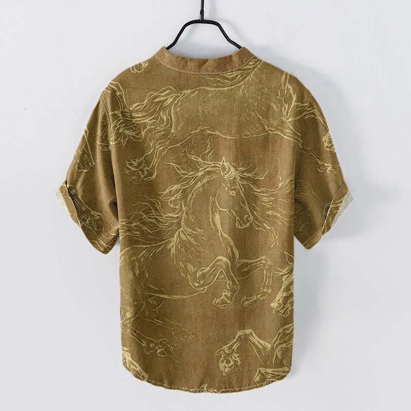 Nimara Ritual Cotton Running Horse Line Pattern Men's Short Sleeve Half Button Shirt
