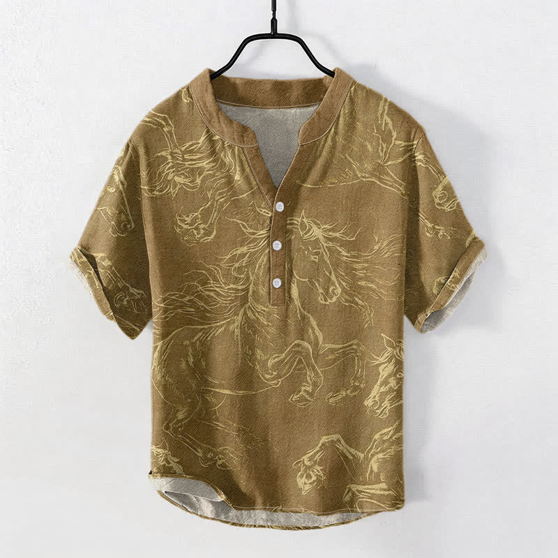 Nimara Ritual Cotton Running Horse Line Pattern Men's Short Sleeve Half Button Shirt