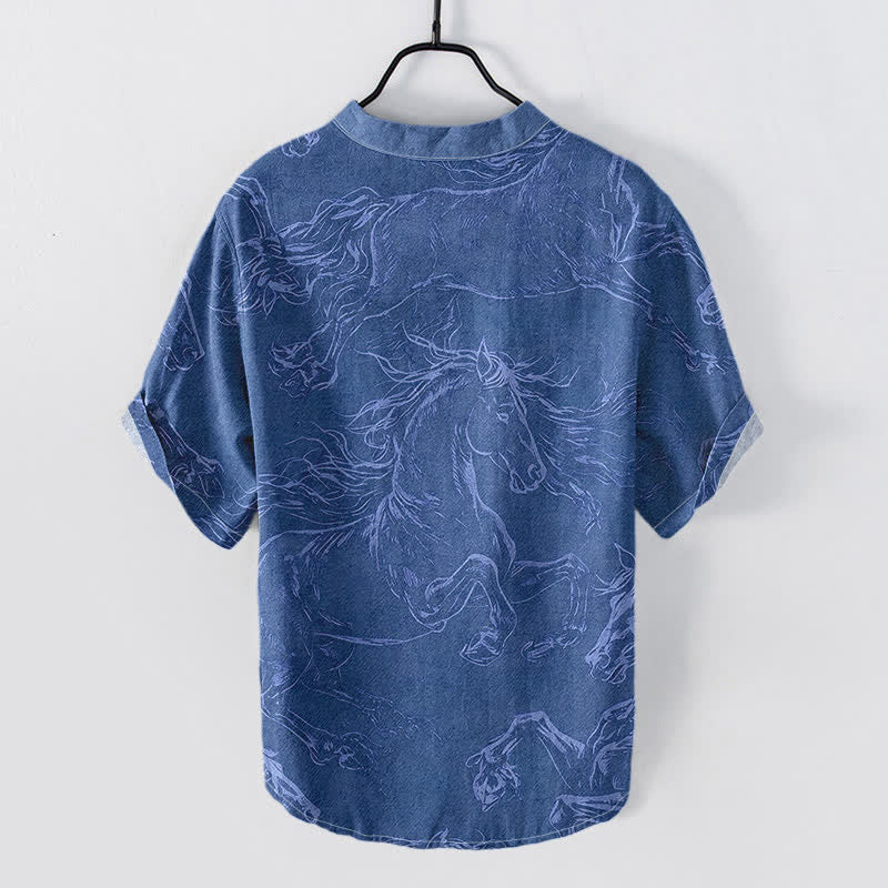 Nimara Ritual Cotton Running Horse Line Pattern Men's Short Sleeve Half Button Shirt