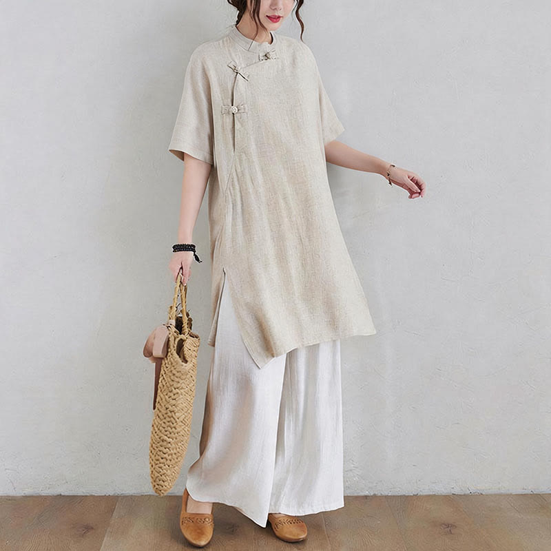 Nimara Ritual 2Pcs Plain Design Zen Tai Chi Meditation Clothing Cotton Linen Top Pants Women's Set