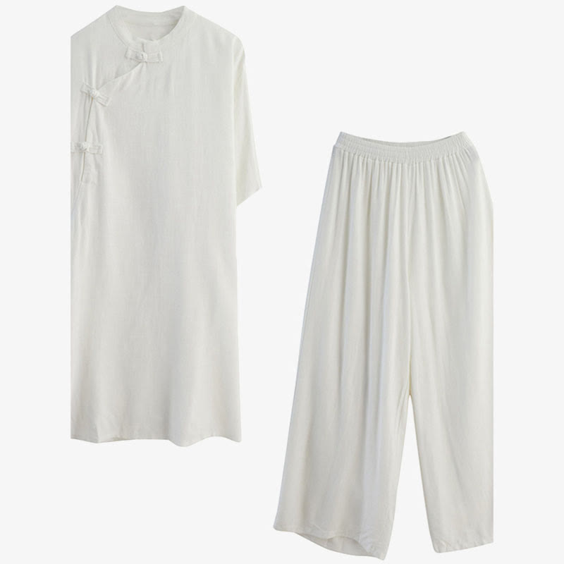 Nimara Ritual 2Pcs Plain Design Zen Tai Chi Meditation Clothing Cotton Linen Top Pants Women's Set
