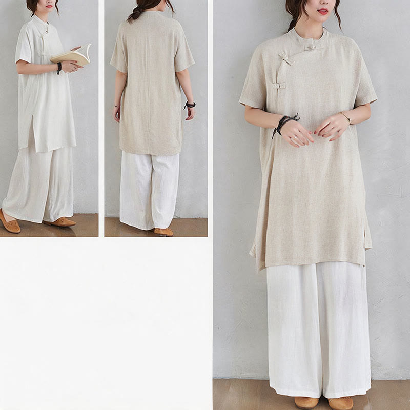 Nimara Ritual 2Pcs Plain Design Zen Tai Chi Meditation Clothing Cotton Linen Top Pants Women's Set