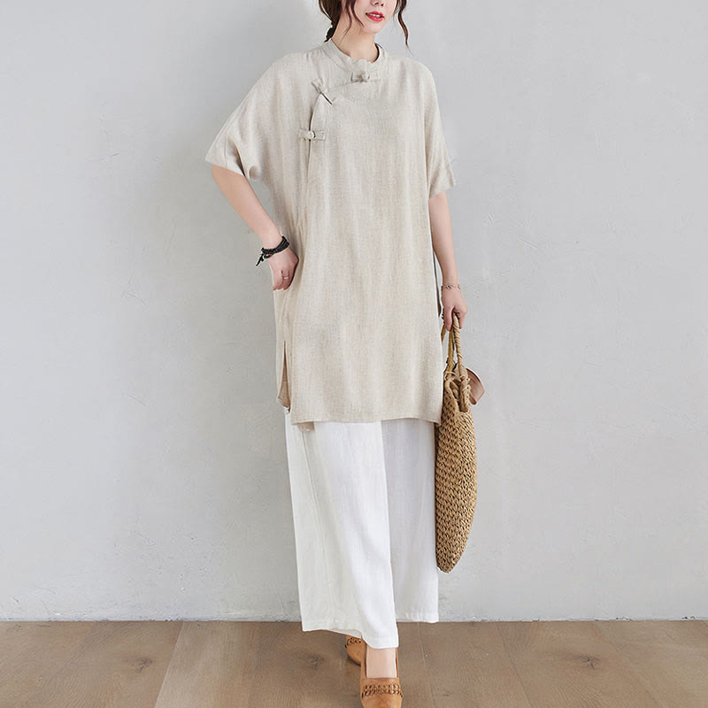 Nimara Ritual 2Pcs Plain Design Zen Tai Chi Meditation Clothing Cotton Linen Top Pants Women's Set