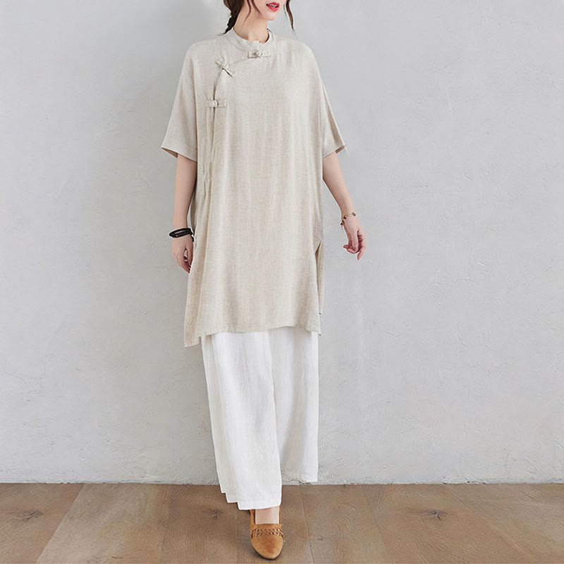 Nimara Ritual 2Pcs Plain Design Zen Tai Chi Meditation Clothing Cotton Linen Top Pants Women's Set