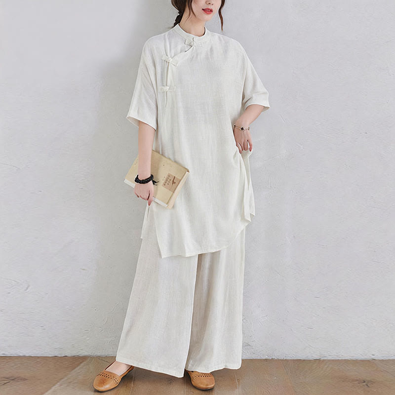 Nimara Ritual 2Pcs Plain Design Zen Tai Chi Meditation Clothing Cotton Linen Top Pants Women's Set