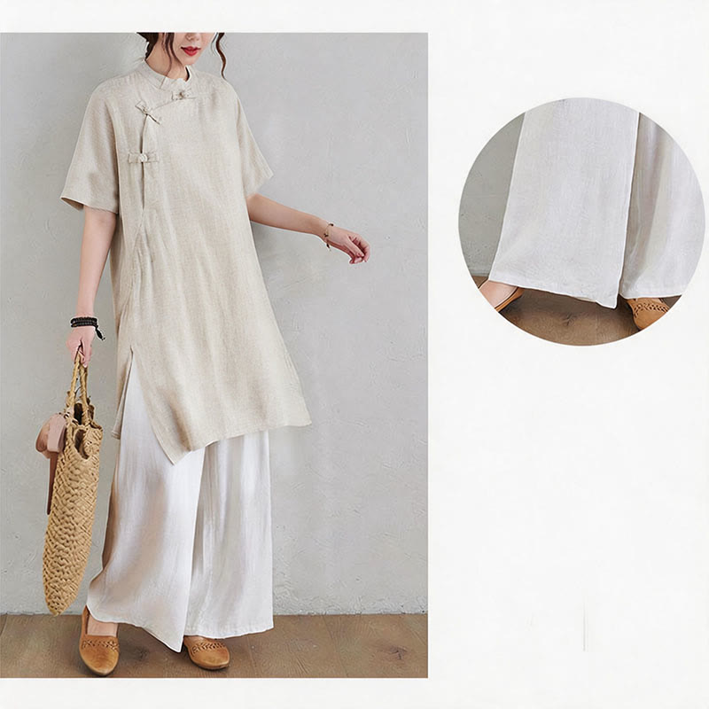 Nimara Ritual 2Pcs Plain Design Zen Tai Chi Meditation Clothing Cotton Linen Top Pants Women's Set