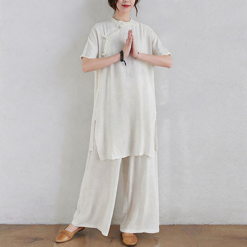 Nimara Ritual 2Pcs Plain Design Zen Tai Chi Meditation Clothing Cotton Linen Top Pants Women's Set
