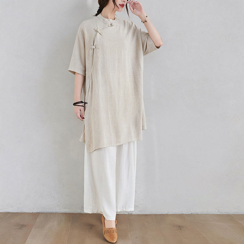 Nimara Ritual 2Pcs Plain Design Zen Tai Chi Meditation Clothing Cotton Linen Top Pants Women's Set