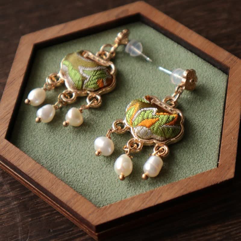 Nimara Ritual Song Brocade Handcrafted Silk Art Peace Lock Pearl Protection Drop Earrings