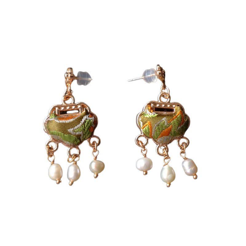 Nimara Ritual Song Brocade Handcrafted Silk Art Peace Lock Pearl Protection Drop Earrings