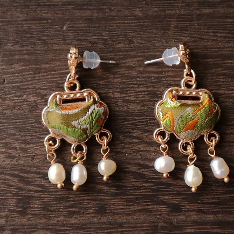 Nimara Ritual Song Brocade Handcrafted Silk Art Peace Lock Pearl Protection Drop Earrings