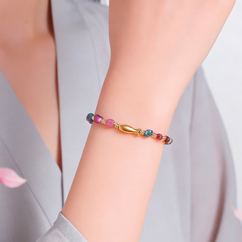 Nimara Ritual Rainbow Tourmaline Koi Fish Positive Rough Cut Bracelet