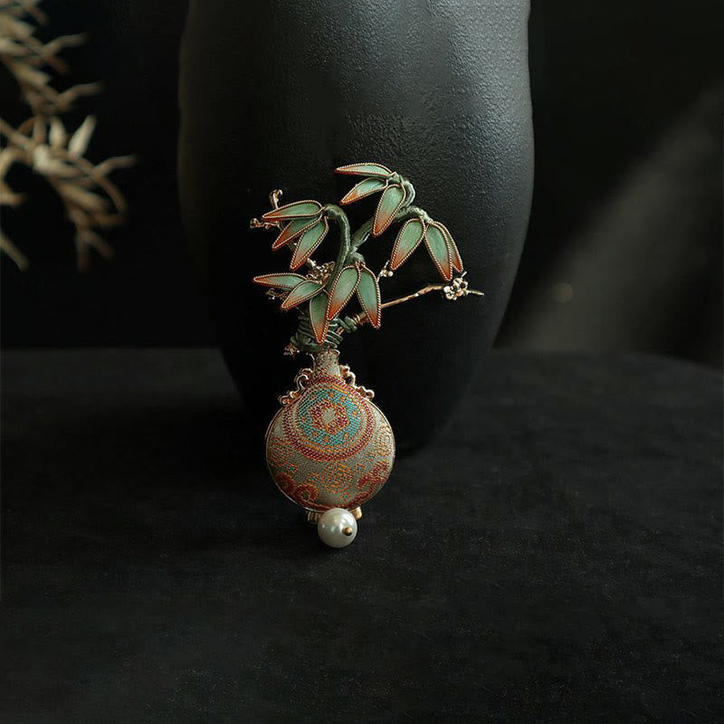 Nimara Ritual Song Brocade Bamboo Leaves Vase Design Balance Brooch