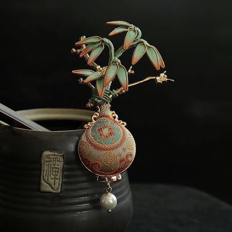 Nimara Ritual Song Brocade Bamboo Leaves Vase Design Balance Brooch