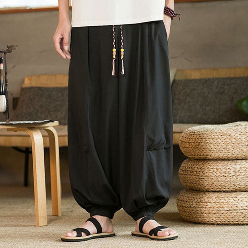Nimara Ritual Summer Casual Vintage Drawstring Solid Ankle Length Pants Men's Harem Pants With Pockets