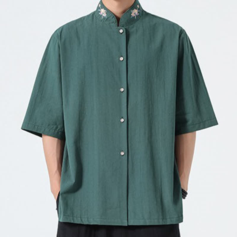 Nimara Ritual Summer Tang Style Mandarin Collar Lotus Embroidery Solid Men's Shirts