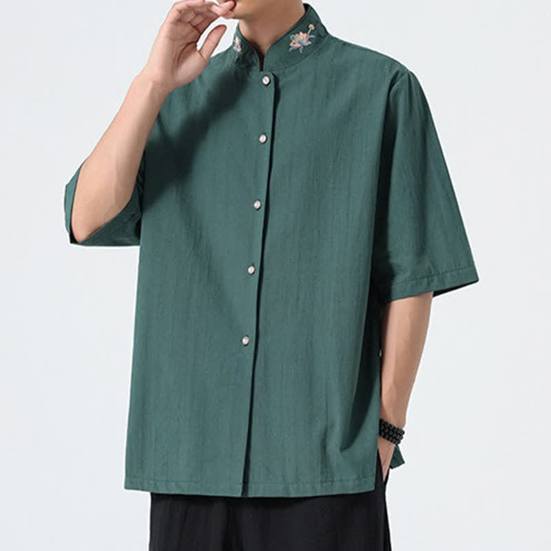Nimara Ritual Summer Tang Style Mandarin Collar Lotus Embroidery Solid Men's Shirts