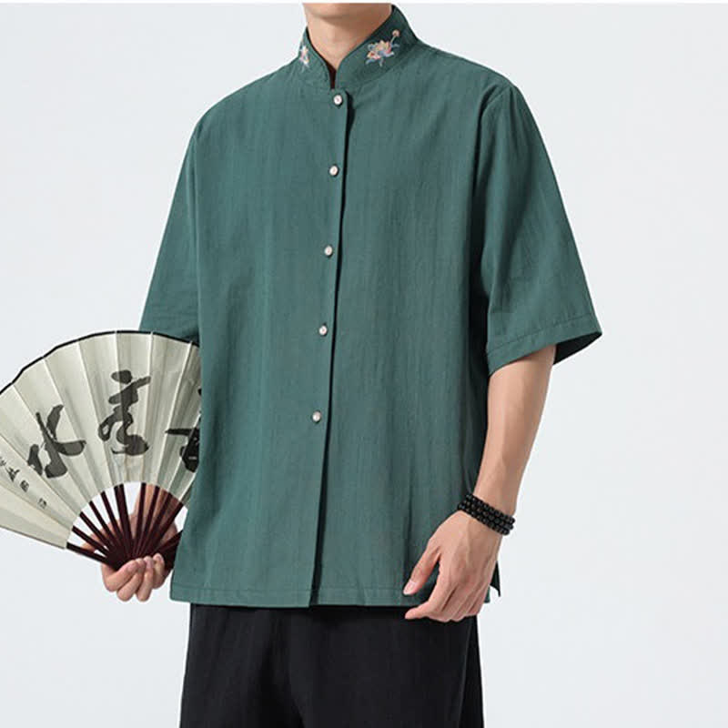 Nimara Ritual Summer Tang Style Mandarin Collar Lotus Embroidery Solid Men's Shirts