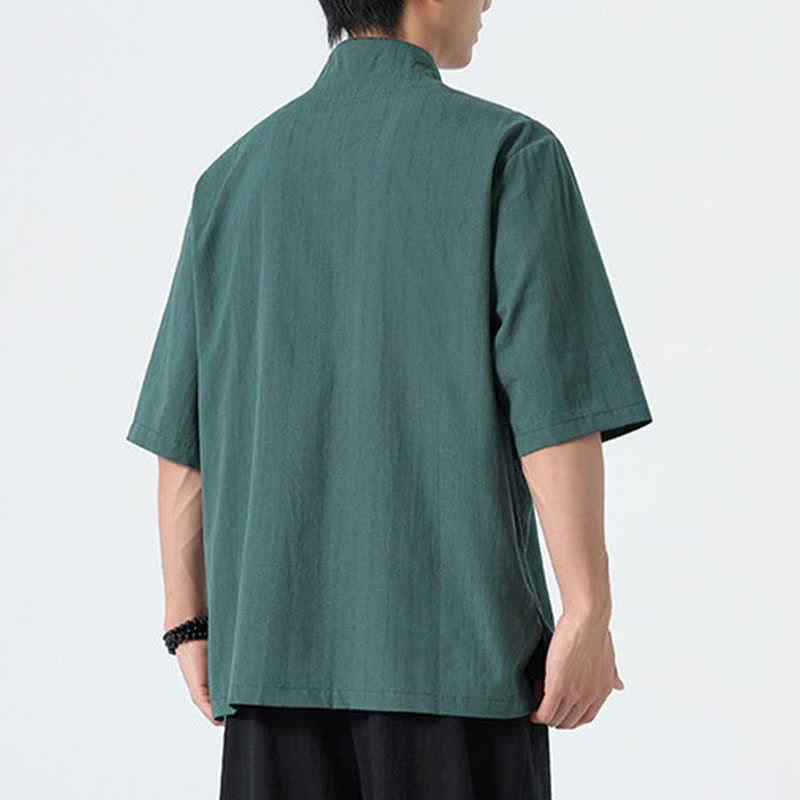 Nimara Ritual Summer Tang Style Mandarin Collar Lotus Embroidery Solid Men's Shirts