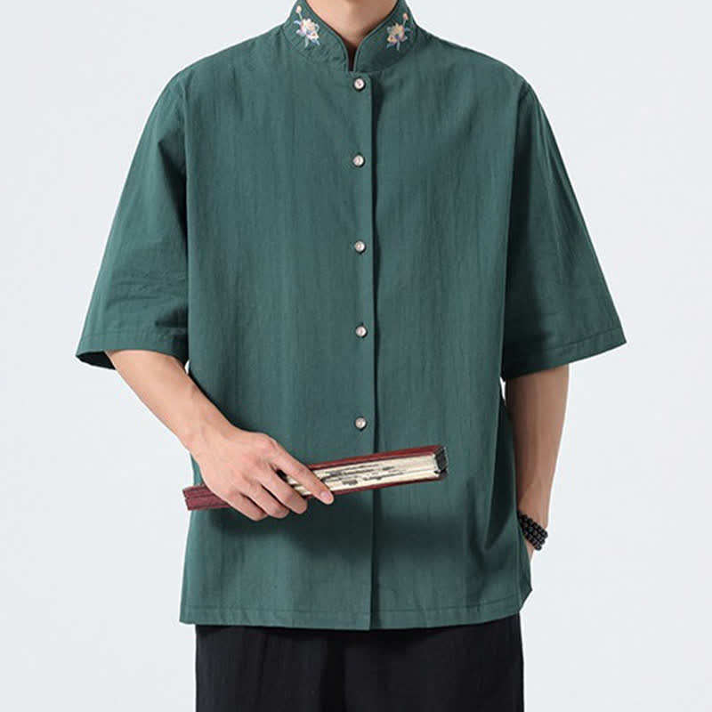 Nimara Ritual Summer Tang Style Mandarin Collar Lotus Embroidery Solid Men's Shirts