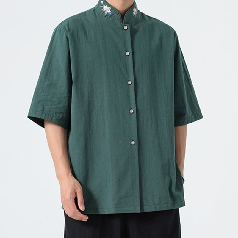Nimara Ritual Summer Tang Style Mandarin Collar Lotus Embroidery Solid Men's Shirts