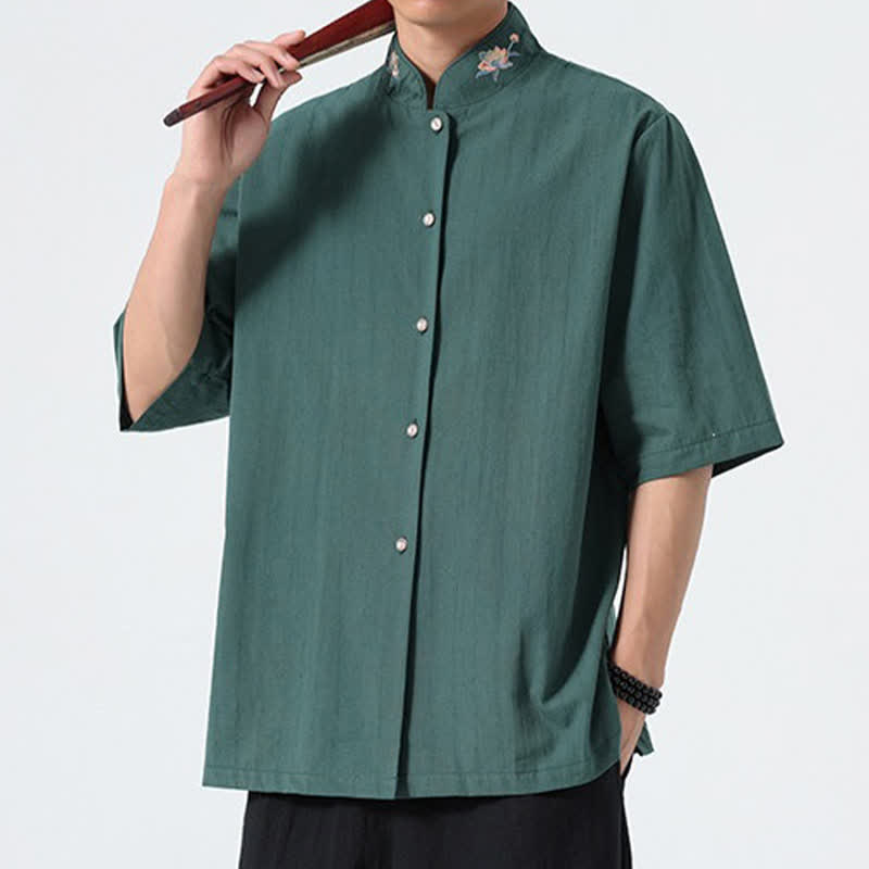 Nimara Ritual Summer Tang Style Mandarin Collar Lotus Embroidery Solid Men's Shirts