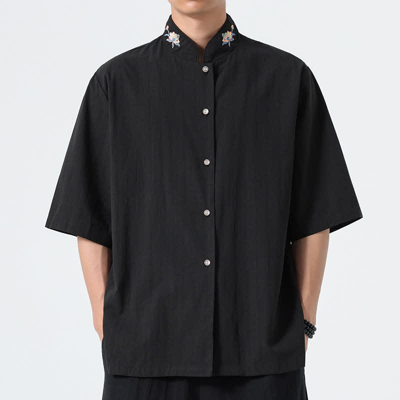 Nimara Ritual Summer Tang Style Mandarin Collar Lotus Embroidery Solid Men's Shirts