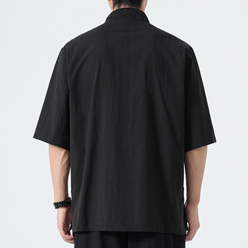 Nimara Ritual Summer Tang Style Mandarin Collar Lotus Embroidery Solid Men's Shirts