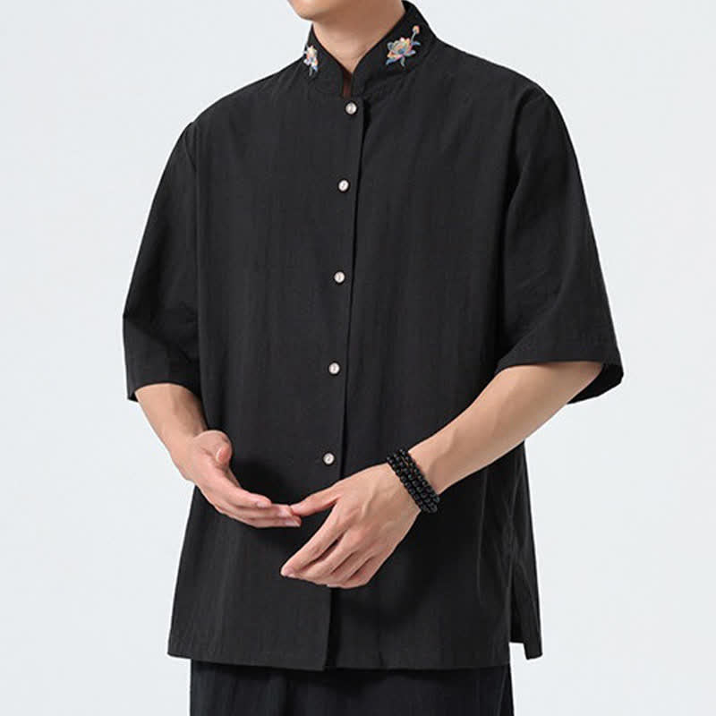 Nimara Ritual Summer Tang Style Mandarin Collar Lotus Embroidery Solid Men's Shirts