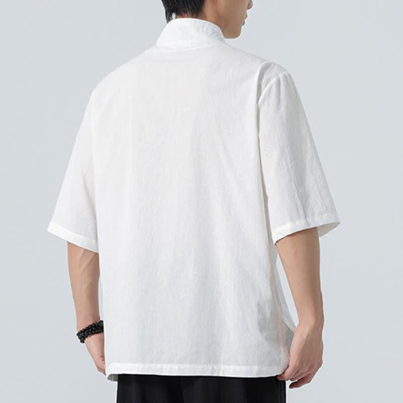 Nimara Ritual Summer Tang Style Mandarin Collar Lotus Embroidery Solid Men's Shirts