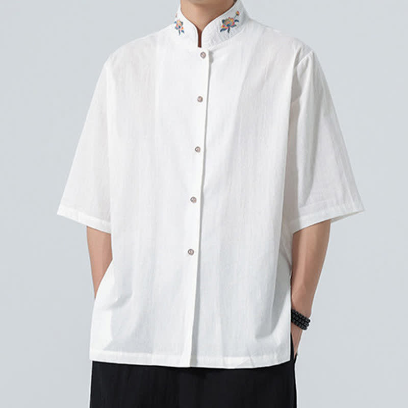 Nimara Ritual Summer Tang Style Mandarin Collar Lotus Embroidery Solid Men's Shirts