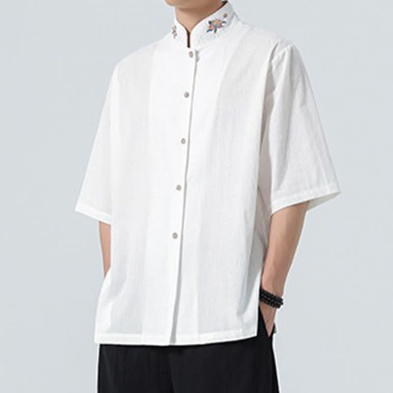 Nimara Ritual Summer Tang Style Mandarin Collar Lotus Embroidery Solid Men's Shirts