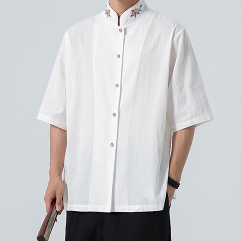 Nimara Ritual Summer Tang Style Mandarin Collar Lotus Embroidery Solid Men's Shirts