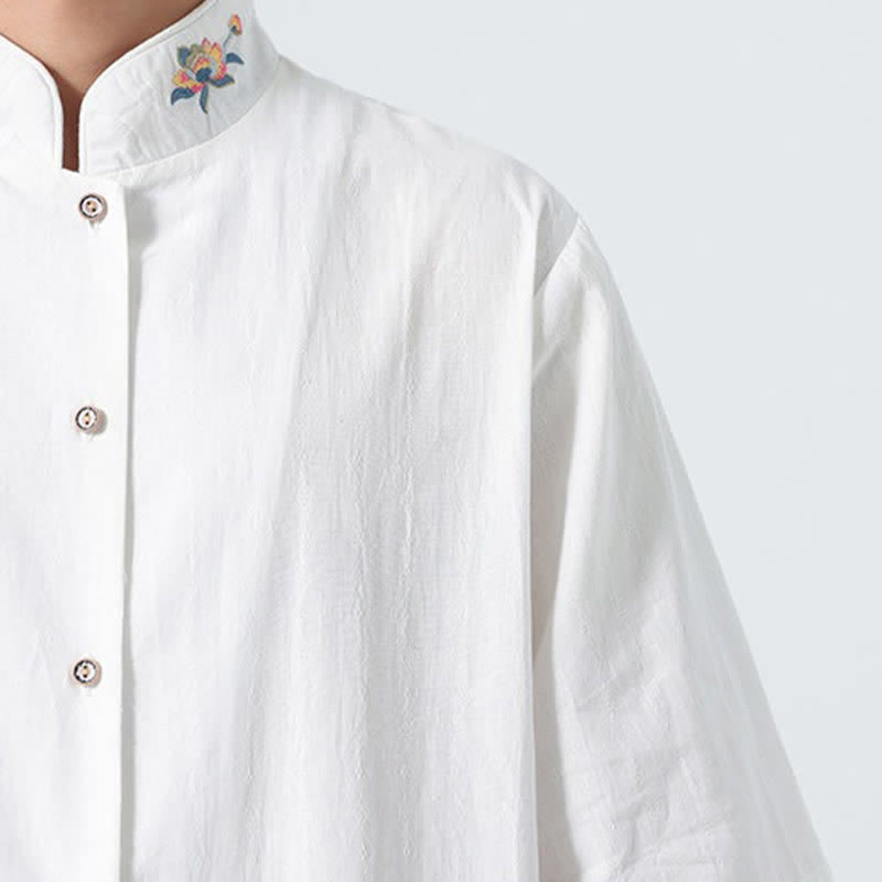 Nimara Ritual Summer Tang Style Mandarin Collar Lotus Embroidery Solid Men's Shirts