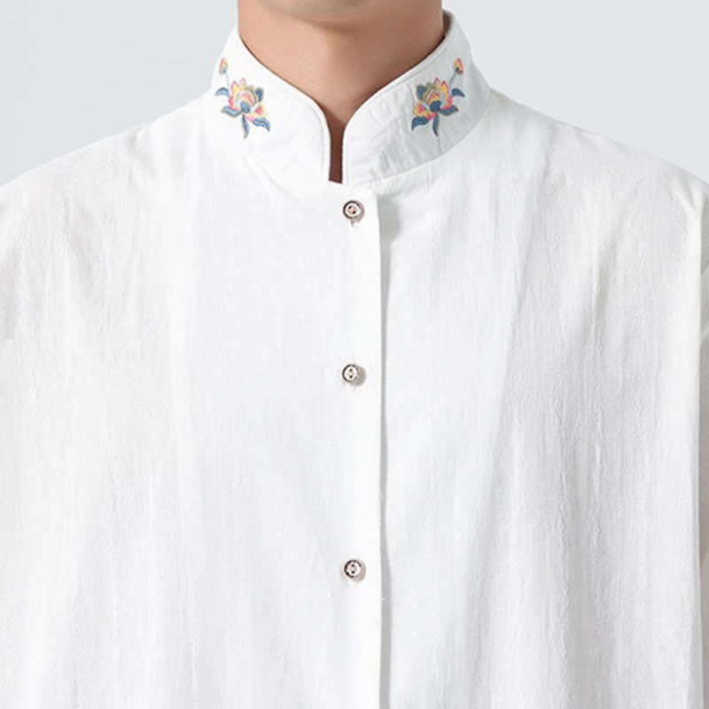 Nimara Ritual Summer Tang Style Mandarin Collar Lotus Embroidery Solid Men's Shirts