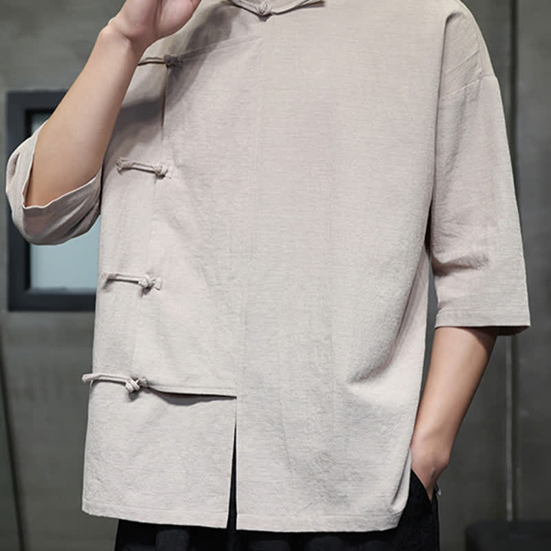 Nimara Ritual Summer Tang Style Mandarin Collar Frog Button Solid Short Sleeve Men's Shirts