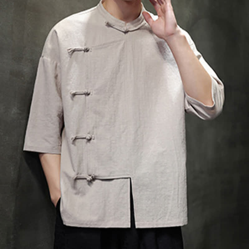 Nimara Ritual Summer Tang Style Mandarin Collar Frog Button Solid Short Sleeve Men's Shirts