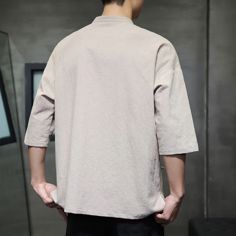 Nimara Ritual Summer Tang Style Mandarin Collar Frog Button Solid Short Sleeve Men's Shirts