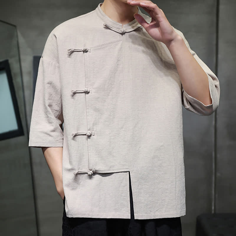Nimara Ritual Summer Tang Style Mandarin Collar Frog Button Solid Short Sleeve Men's Shirts