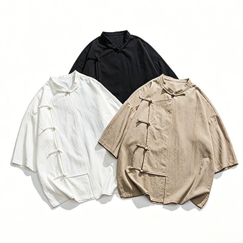 Nimara Ritual Summer Tang Style Mandarin Collar Frog Button Solid Short Sleeve Men's Shirts