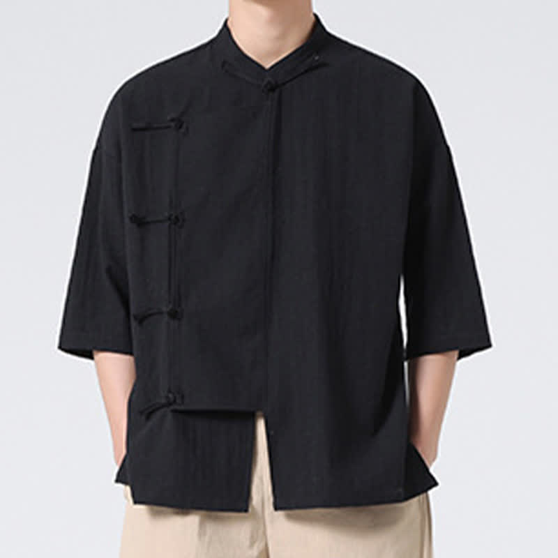Nimara Ritual Summer Tang Style Mandarin Collar Frog Button Solid Short Sleeve Men's Shirts