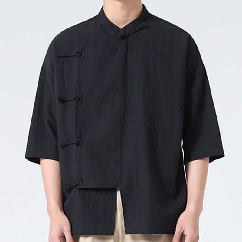 Nimara Ritual Summer Tang Style Mandarin Collar Frog Button Solid Short Sleeve Men's Shirts