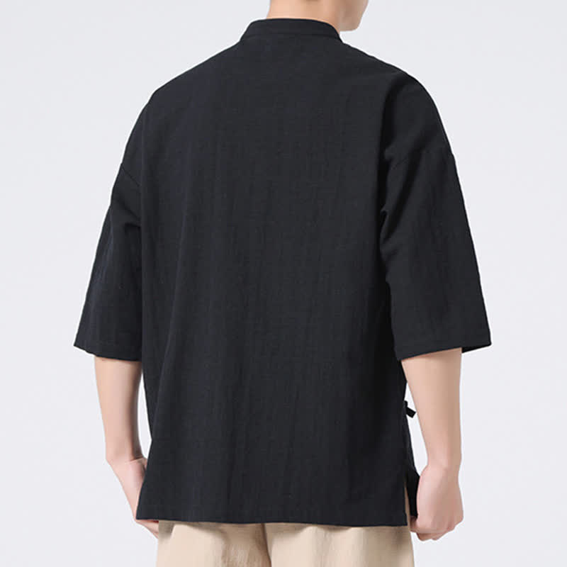 Nimara Ritual Summer Tang Style Mandarin Collar Frog Button Solid Short Sleeve Men's Shirts
